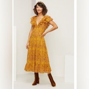Roller Rabbit Rhone Ondine Dress Floral Yellow Midi Dress Size L